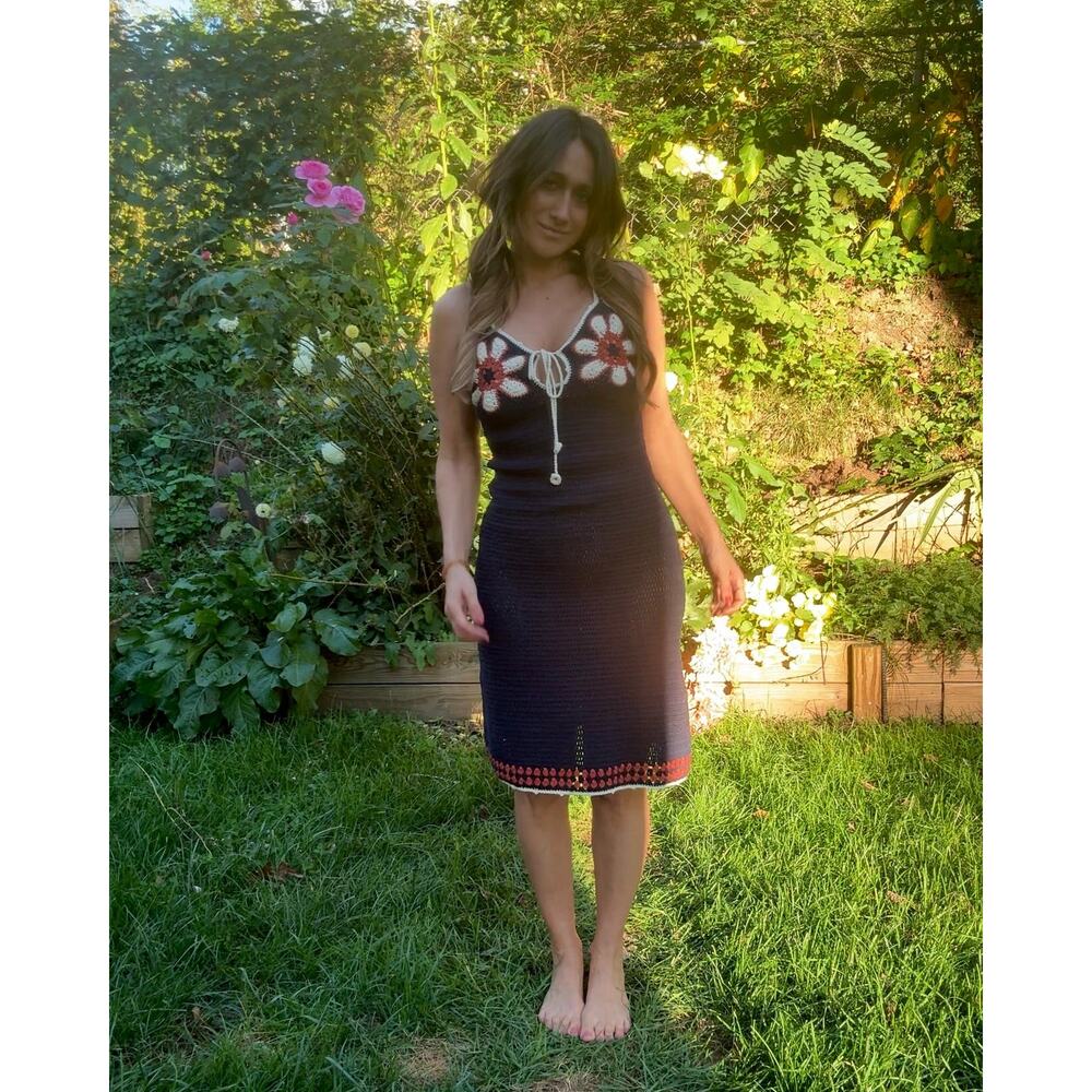 Midnight Daisy Crochet Slip —  Festival Dress, Navy Handknit Crochet